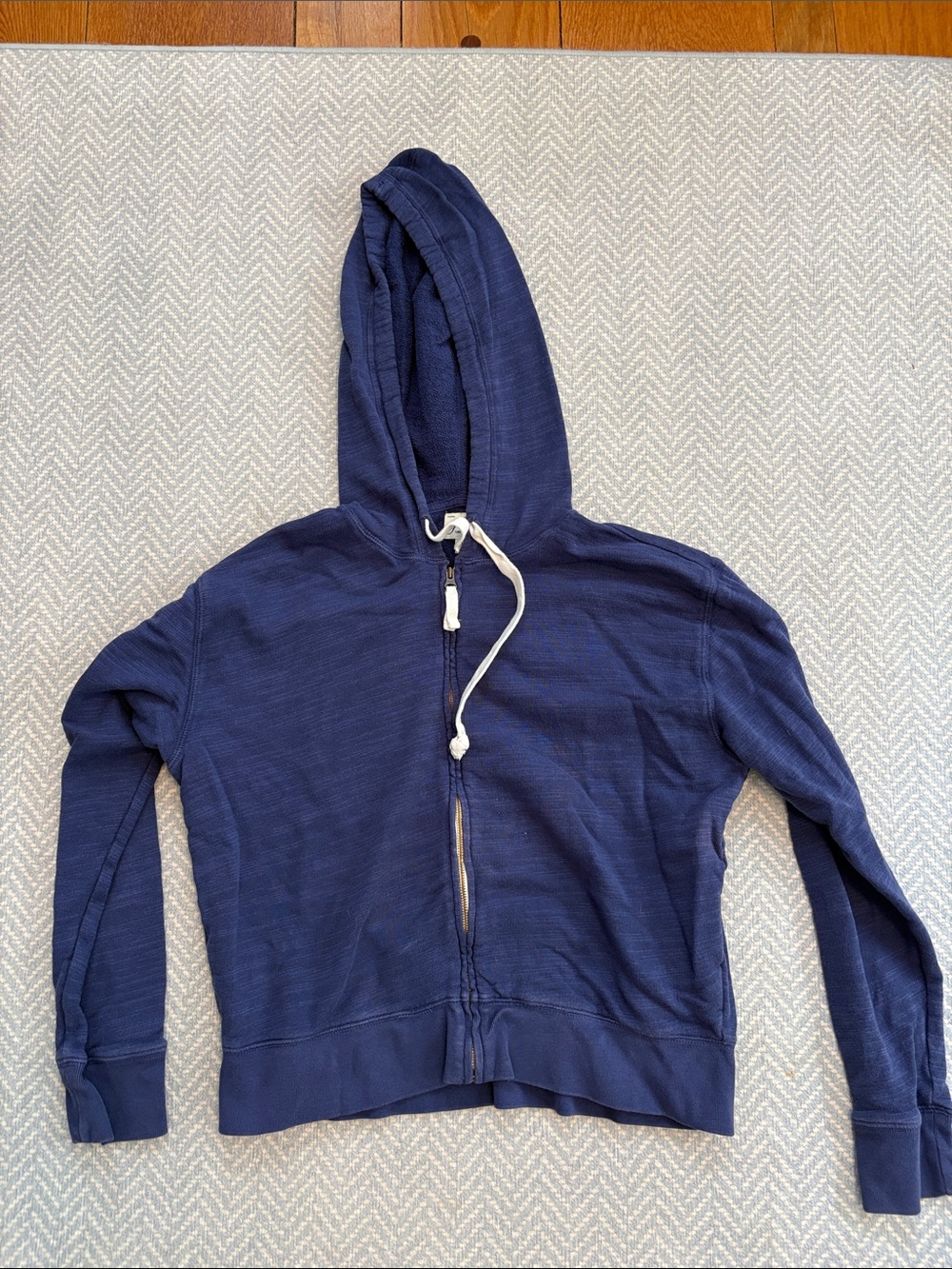 J. Crew Navy Vintage Fleece Zip Hoodie with White Drawstrings